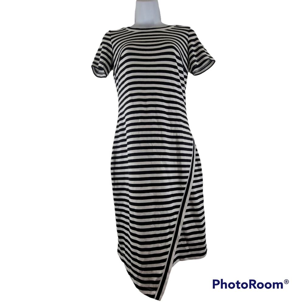 Calvin Klein Black and White Striped Dress Asymmetrical Hem Zip Short Sleeve 2